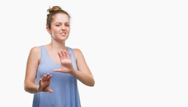 Young Blonde Woman Disgusted Expression Displeased Fearful Doing Disgust Face — Stock Photo, Image