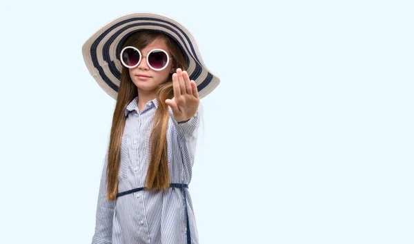 Young Blonde Toddler Wearing Hat Sunglasses Open Hand Doing Stop — Stock Photo, Image