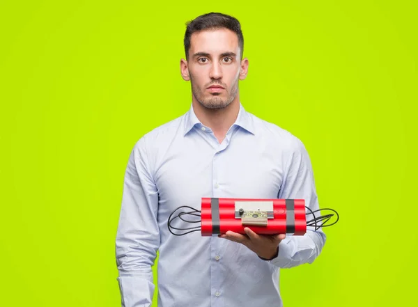 Handsome Young Business Man Holding Alarm Clock Bomb Confident Expression — Stock Photo, Image