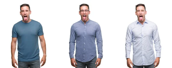 Pohledný Mladý Muž Nosí Různé Oblečení Držet Jazyk Ven Spokojený — Stock fotografie