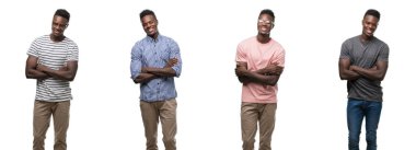 Kolaj bir Afrikalı-Amerikalı adam farklı kıyafetler mutlu yüz çapraz silah kameraya bakarak ile gülümseyen giyiyor. Olumlu bir kişi.