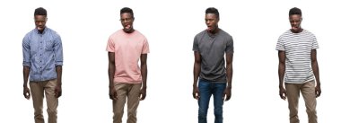 Afro-Amerikan adamın dilini farklı kıyafetler giydiğini kolaj out komik ifade ile mutlu. Duygu kavramı.