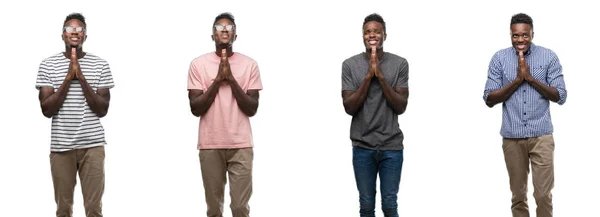 Collage African American Man Wearing Different Outfits Praying Hands Together — Stock Photo, Image