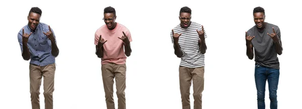 Colagem Homem Afro Americano Vestindo Roupas Diferentes Gritando Com Expressão — Fotografia de Stock