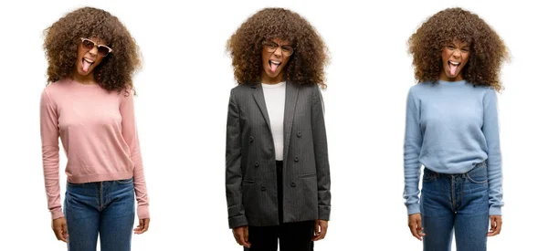 Африканская Американская Молодая Женщина Разных Нарядах Торчащая Языком Довольная Смешным — стоковое фото