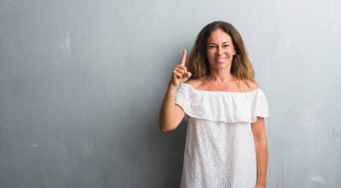 Gösterilen ve kendinden emin ve mutlu gülümseyen bir parmak ile işaret eden oktan yukarı gri grunge duvarın üzerinden duran orta yaş İspanyol kadın.