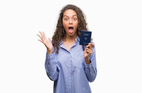 Young Hispanic Woman Holding Passport Germany Very Happy Excited Winner — Stock Photo, Image