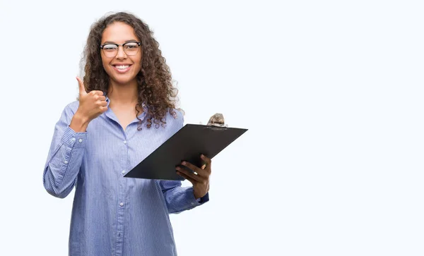 Young Hispanic Business Woman Holding Clipboard Happy Big Smile Doing — Stock Photo, Image