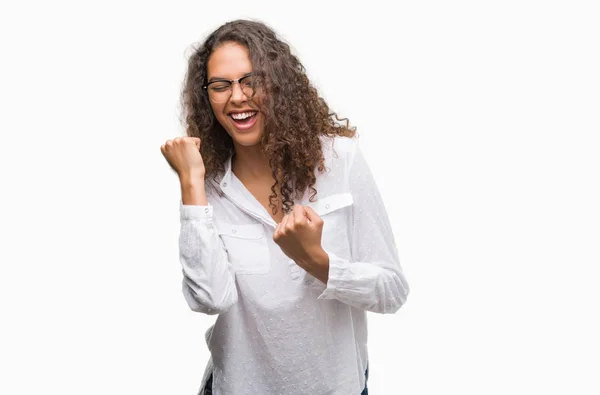 Beautiful Young Hispanic Woman Very Happy Excited Doing Winner Gesture — Stock Photo, Image