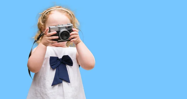 Beautiful Blonde Toddler Taking Pictures Vintage Camera — Stock Photo, Image