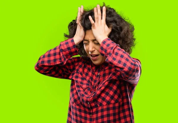 Beautiful Arab Woman Terrified Nervous Expressing Anxiety Panic Gesture Overwhelmed — Stock Photo, Image