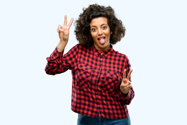 Beautiful Arab Woman Looking Camera Showing Tong Making Victory Sign — Stock Photo, Image