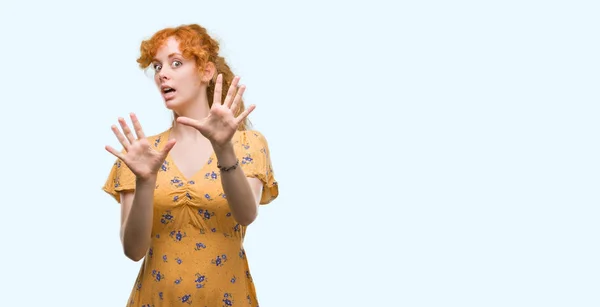 Young Redhead Woman Afraid Terrified Fear Expression Stop Gesture Hands — Stock Photo, Image