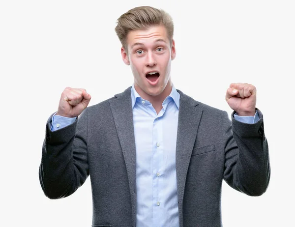 Young Handsome Blond Business Man Celebrating Surprised Amazed Success Arms — Stock Photo, Image