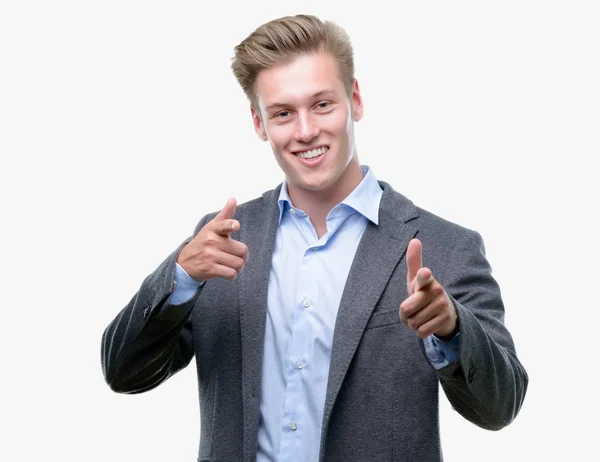 Young Handsome Blond Business Man Pointing Fingers Camera Happy Funny — Stock Photo, Image