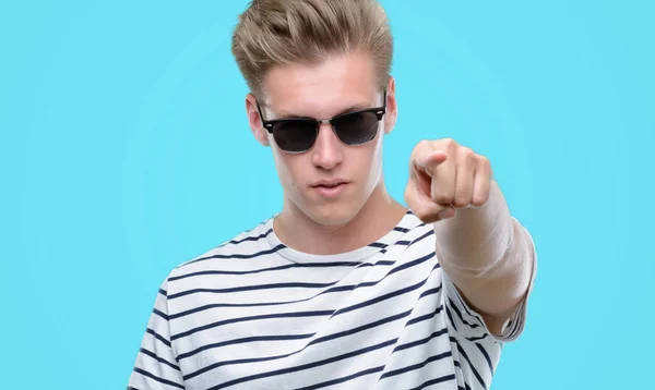 Young Handsome Blond Man Wearing Sunglasess Pointing Finger Camera You — Stock Photo, Image