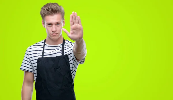 Young Handsome Blond Man Wearing Apron Open Hand Doing Stop — Stock Photo, Image
