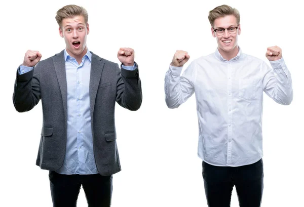 Junger Gut Aussehender Blonder Geschäftsmann Verschiedenen Outfits Der Überrascht Und — Stockfoto