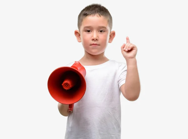 Dark Haired Little Child Holding Megaphone Surprised Idea Question Pointing — Stock Photo, Image
