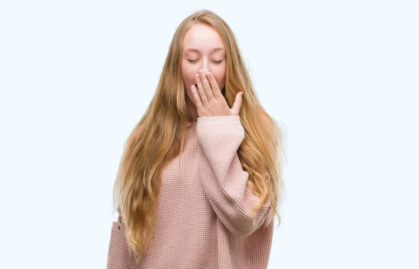 Blonde Teenager Woman Wearing Pink Sweater Bored Yawning Tired Covering — Stock Photo, Image