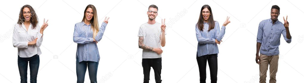Group and team of young business people over isolated white background smiling with happy face winking at the camera doing victory sign. Number two.