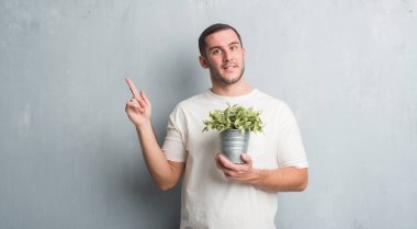 Bitki pot çok mutlu el ve parmak ile tarafına işaret tutan gri grunge duvarın üzerinden beyaz delikanlı