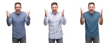 Yakışıklı genç adam kızgın ve silah ile başarı için deli kutluyor farklı kıyafetler giyen kaldırdı ve heyecanlı çığlık gözler kapalı. Kazanan kavramı