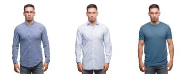 Farklı kıyafetler şüpheci ve sinir, papatyanın üzgün sorunu nedeniyle giymiş yakışıklı delikanlı. Negatif kişi.