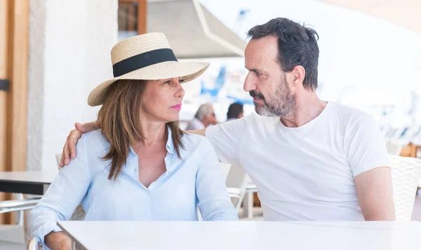 Middle Age Couple Sitting Terrace Confident Expression Smart Face Thinking — Stock Photo, Image