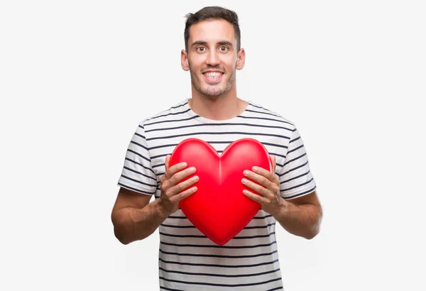 Handsome Young Man Love Holding Red Heart Happy Face Standing — Stock Photo, Image