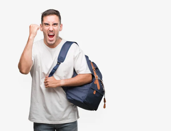Handsome Young Man Holding Backpack Annoyed Frustrated Shouting Anger Crazy — Stock Photo, Image