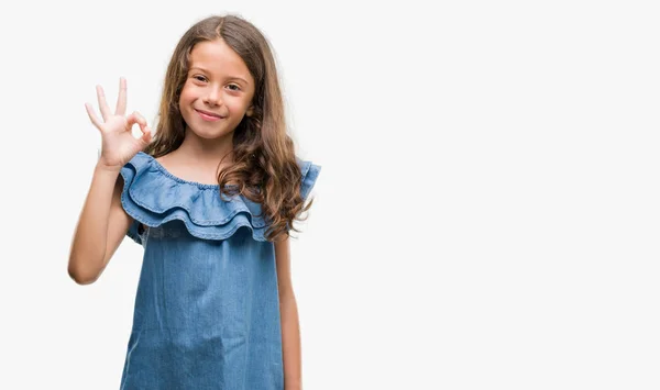 Brunette Hispanic Girl Wearing Denim Dress Doing Sign Fingers Excellent — Stock Photo, Image