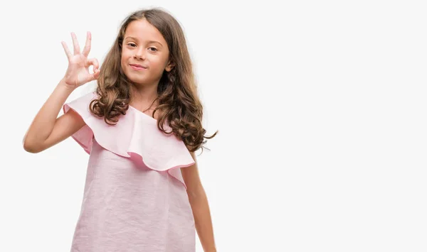 Brünettes Hispanisches Mädchen Rosa Kleid Das Positiv Lächelnd Zeichen Mit — Stockfoto