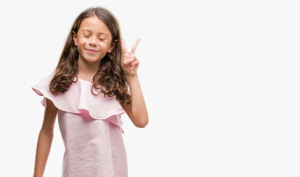 Brunette Hispanic Girl Wearing Pink Dress Showing Pointing Fingers Number — Stock Photo, Image