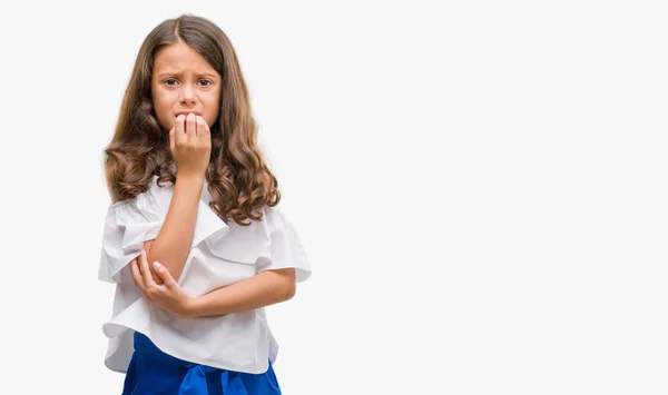 Brunette Hispanic Girl Looking Stressed Nervous Hands Mouth Biting Nails — Stock Photo, Image