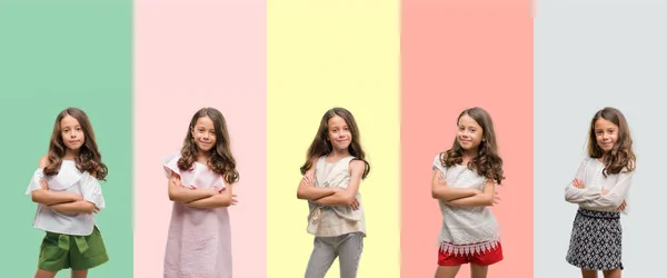 Колаж Брюнетки Іспаномовні Дівчата Різних Нарядах Щасливе Обличчя Посміхається Схрещеними — стокове фото