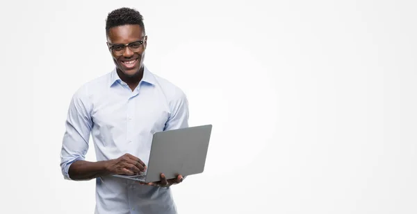 Young African American Businessman Using Computer Laptop Happy Face Standing — Stock Photo, Image