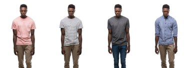 Kolaj bir Afrikalı-Amerikalı adam farklı kıyafetler şüpheci ve sinir, papatyanın üzgün sorunu nedeniyle giyiyor. Negatif kişi.