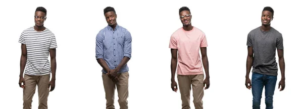 Colagem Homem Afro Americano Vestindo Roupas Diferentes Sorrindo Lado Olhando — Fotografia de Stock