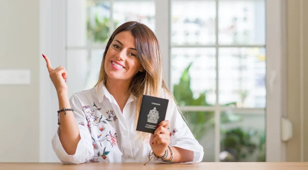 Mladá Žena Doma Drží Passport Kanady Velmi Šťastný Přejdete Stranu — Stock fotografie