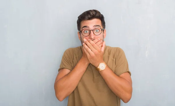 Handsome Young Man Grey Grunge Wall Wearing Glasses Shocked Covering — Stock Photo, Image