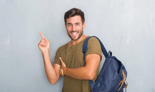 Handsome Tourist Young Man Grey Grunge Wall Wearing Backpack Big — Stock Photo, Image