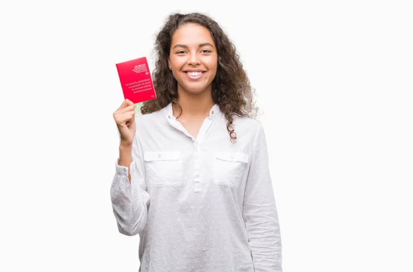 Młoda Kobieta Hiszpanin Paszportem Szwajcaria Szczęśliwy Twarz Stałego Uśmiechając Się — Zdjęcie stockowe