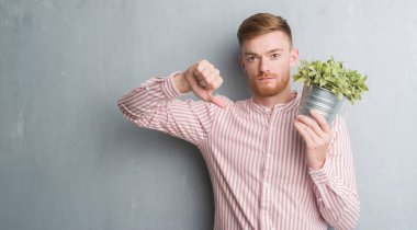 Genç Kızıl saçlı adam kızgın yüzü, eksi işareti aşağı antipati başparmak ile gösterilen, ret kavramı ile bitki pot tutan gri grunge duvarın üzerinden