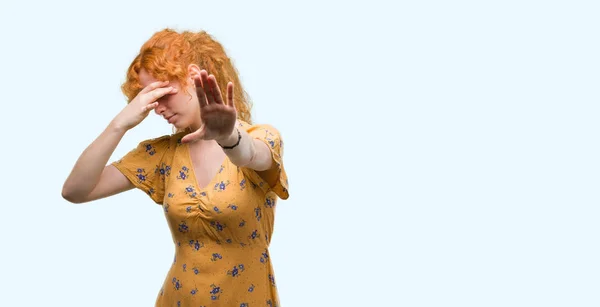 Young Redhead Woman Covering Eyes Hands Doing Stop Gesture Sad — Stock Photo, Image