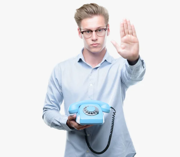 Young Handsome Blond Man Holding Vintage Telephone Open Hand Doing — Stock Photo, Image
