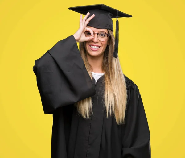 Beautiful Young Woman Wearing Glasses Graduation Robe Happy Face Smiling — Stock Photo, Image