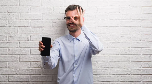 Young Adult Man Talking Phone Standing White Brick Wall Happy — Stock Photo, Image