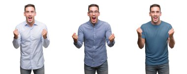 Kutlama farklı kıyafetler giymiş yakışıklı genç şaşırttı ve silah ile başarı için yükseltilmiş ve açık gözler hayrete düşürdü. Kazanan kavramı.