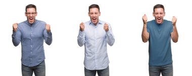 Yakışıklı genç adamın farklı kıyafetler silah ile başarı için heyecanlı giydiğini zafer kutluyor gülümseyen kaldırdı. Kazanan kavramı.